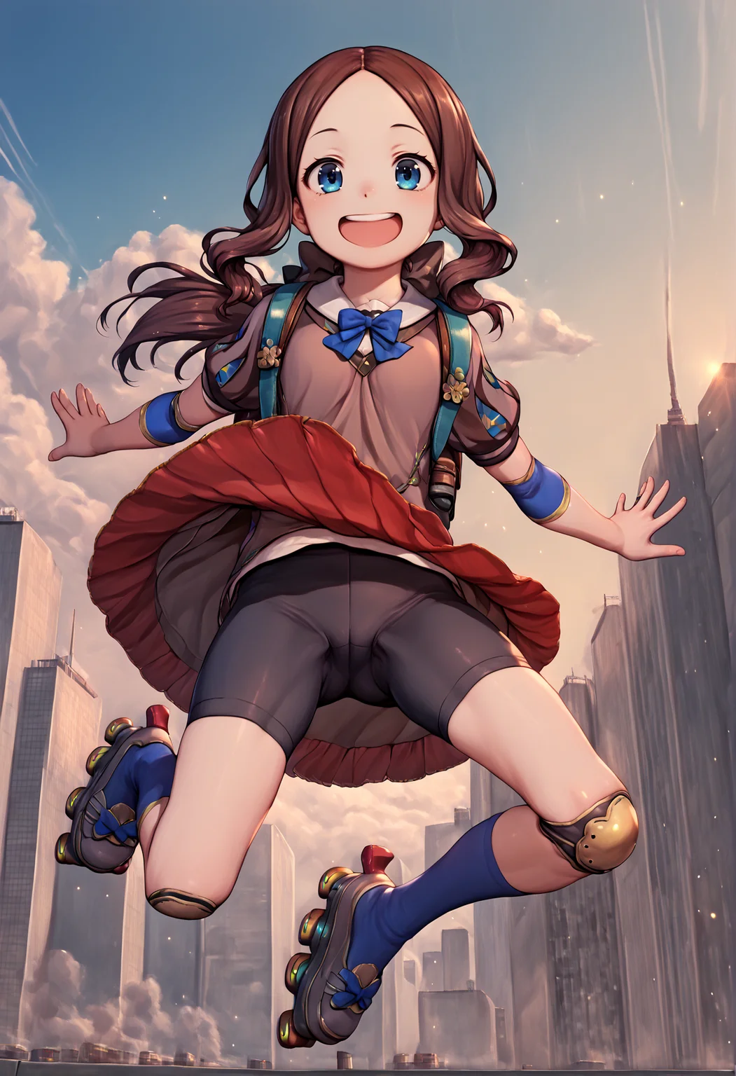 1girl, blue eyes, long hair, brown hair, forehead, sidelocks, low ponytail, ribbon, serafuku, brown shirt, red skirt, blue socks, roller skates, knee pads, backpack, outdoors, city, smile, full body, elbow pads, jumping, bike shorts, from below, spread legs, open mouth, smile  <lora:Vinci_XL:1>  <lora:Vinci_XL:1>, score_9, score_8_up, score_7_up, score_6_up, score_5_up, score_4_up, BREAK source_anime, masterpiece