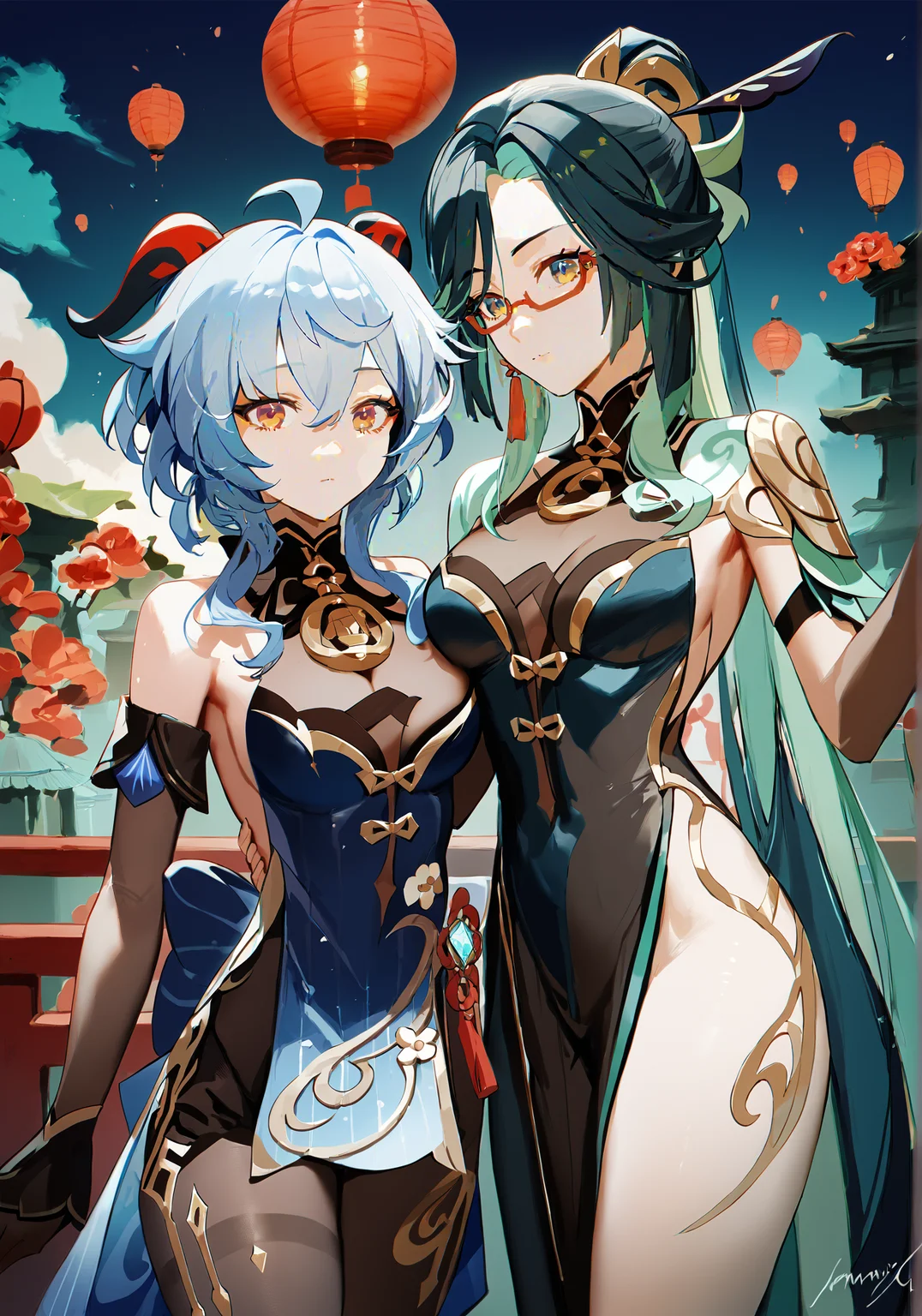 score_9, score_8_up, score_7_up, score_6_up, 8k, 
8k, best quality, masterpiece, (ultra-detailed:1.1), (high detailed skin), 
<lora:ganshenxianre-pony-Tanger-000003:0.8>, 2girls, Xianyun's def clothes, Xianyun \(genshin impact\), ganyu \(genshin impact\), Ganyu's new year's clothes, long hair, glasses, 
((finely_detailed)), fine_fabric_emphasis, 
((glossy)), full_shot, <lora:agm-artist-richy-v1_pdxl:0.7>,