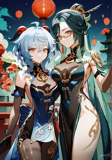 score_9, score_8_up, score_7_up, score_6_up, 8k,
8k, best quality, masterpiece, (ultra-detailed:1.1), (high detailed skin),
<lora:ganshenxianre-pony-Tanger-000003:0.8>, 2girls, Xianyun's def clothes, Xianyun \(genshin impact\), ganyu \(genshin impact\), Ganyu's new year's clothes, long hair, glasses,
((finely_detailed)), fine_fabric_emphasis,
((glossy)), full_shot, <lora:agm-artist-richy-v1_pdxl:0.7>,