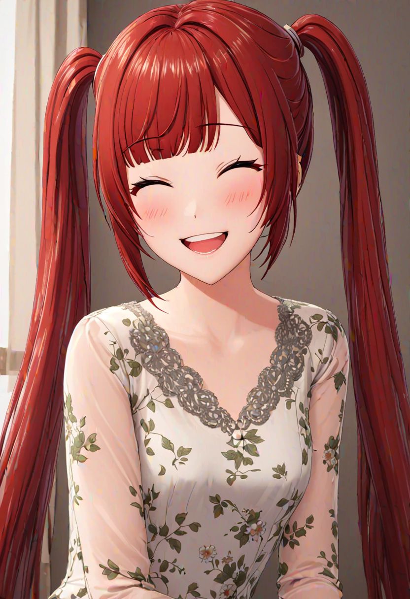 high quality, high detail, 1girl, beautiful girl, joy, happy, laugh, realistic lighting, very detailed drawing, full body,red hair,twin tails