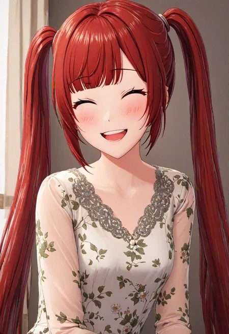 high quality, high detail, 1girl, beautiful girl, joy, happy, laugh, realistic lighting, very detailed drawing, full body,red hair,twin tails