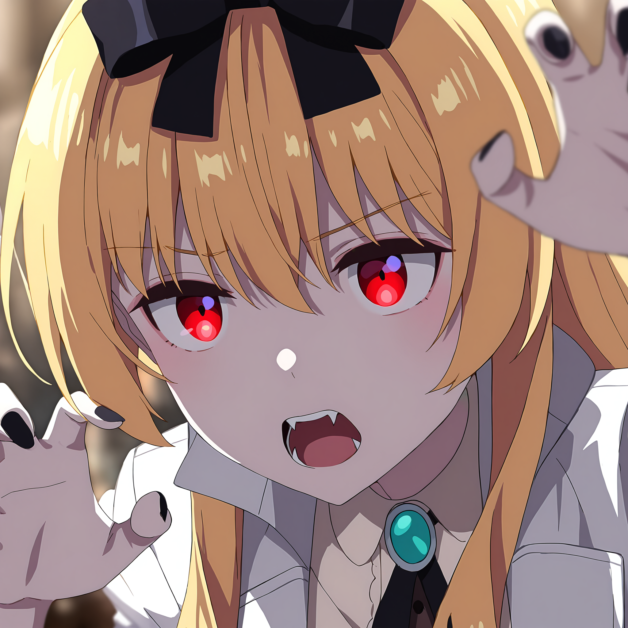 newest,absurdres,masterpiece,highres,<lora:yue-step00002000>,yue,red eyes,blonde hair,<lora:noobai_ep11_stabilizer_v0.138_fp16>,vampire,fangs,pale skin,claw_pose,glare in the eyes,