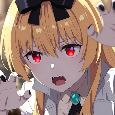 newest,absurdres,masterpiece,highres,<lora:yue-step00002000>,yue,red eyes,blonde hair,<lora:noobai_ep11_stabilizer_v0.138_fp16>,vampire,fangs,pale skin,claw_pose,glare in the eyes,
