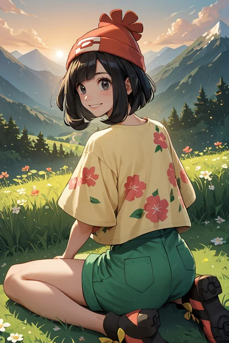 zPDXL3,  <lora:Selene_Pony:.8>,
Selene_(Pokemon), black eyes, black hair, red beanie, yellow shirt, floral print, green shorts shorts, black shoes, looking back at viewer, smiling, sitting, wariza, from behind, on grass, mountain, sunset,