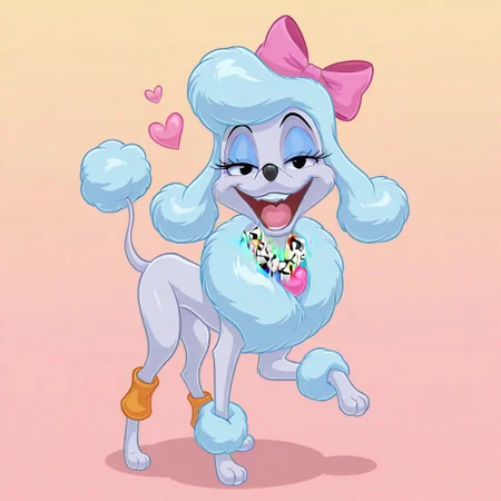 Ge0rgette, disney, poodle, light blue fluffy fur, blue mascara, tail, pink bow on head, (((no neckwear except pink necklace))) BREAK  playful, confident, cheeky, friendly, smug, adorable, loving, expressive eyes, standing, holding front right leg up, BREAK happy, female, standing, score_9, score_8, score_7, no humans, (((full body))), standing, solo, female, feral, hight definition, no neckwear except pink heart necklace, hyper detailed, best quality, amazing quality, 1girl, cute, cute smile, cute pose, 8k, masterpiece, eyelashes, (((half-open eyes))), slightly open mouth, smile, looking at viewer, sweety pose <lora:Furry_Enhancer Chroma V1:1>