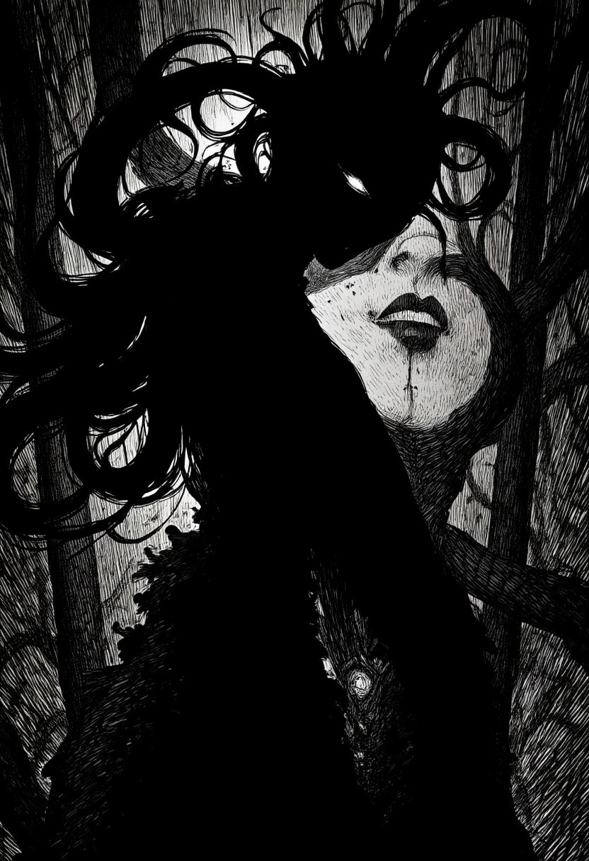 nistyle, monochrome Manga Sketch, extreme head Closeup, a dark ethereal womans black billowing hair, Killing Gaze smile, eerie, Shrouded in darkness, shaded eyes, Low angle View, hyperdetailed manga sketch style, with bleaked  color Highlights, grey, and white color grading. Greyscale