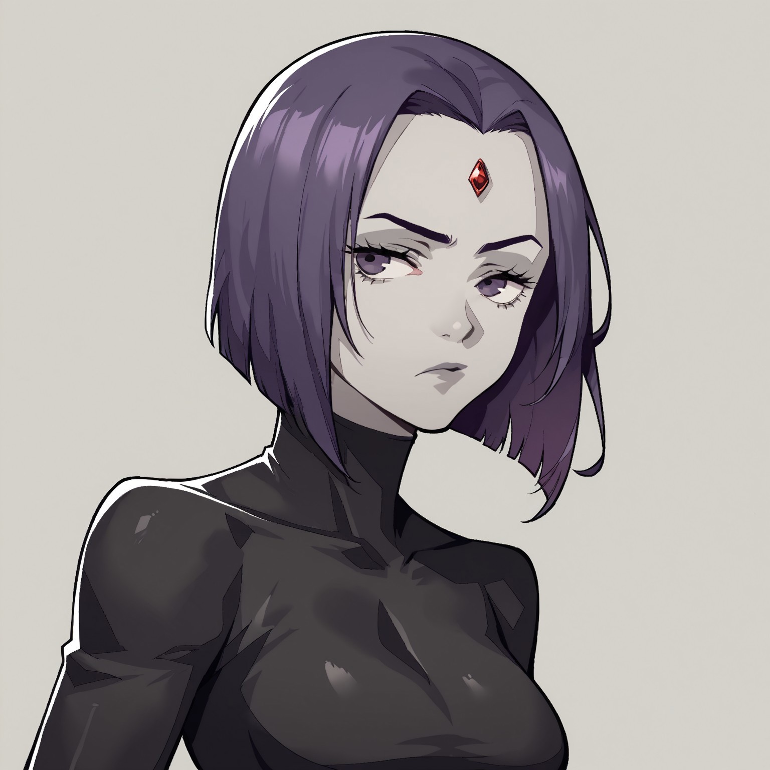 safe_pos, score_9, score_8_up, score_7_up, source_cartoon, 1girl, solo, bored,
p3reloadportraits, portrait, white background, looking at viewer, raised eyebrows, 
raven dc, purple hair, purple eyes, grey skin, bob hair cut, jewel in forehead, black leotard, long sleeves, big breasts, 