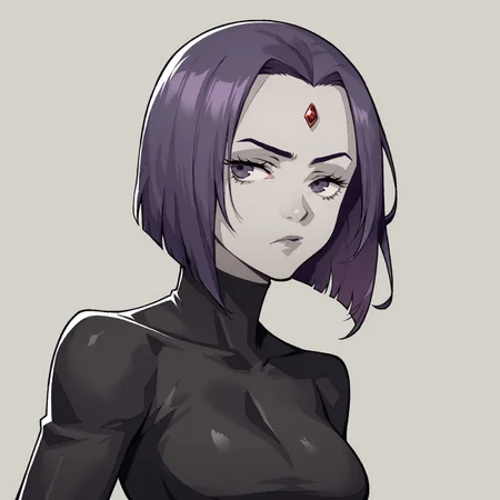 safe_pos, score_9, score_8_up, score_7_up, source_cartoon, 1girl, solo, bored,
p3reloadportraits, portrait, white background, looking at viewer, raised eyebrows,
raven dc, purple hair, purple eyes, grey skin, bob hair cut, jewel in forehead, black leotard, long sleeves, big breasts,