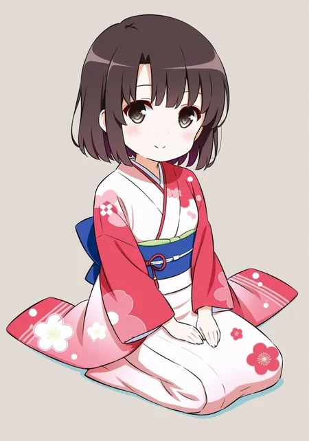 katou megumi, saenai heroine no sodatekata, brown hair, short hair, brown eyes,1girl, solo, Chibi, smile,Full body,sitting, Cute outfit (kimono), Cute pose, minimalist style,