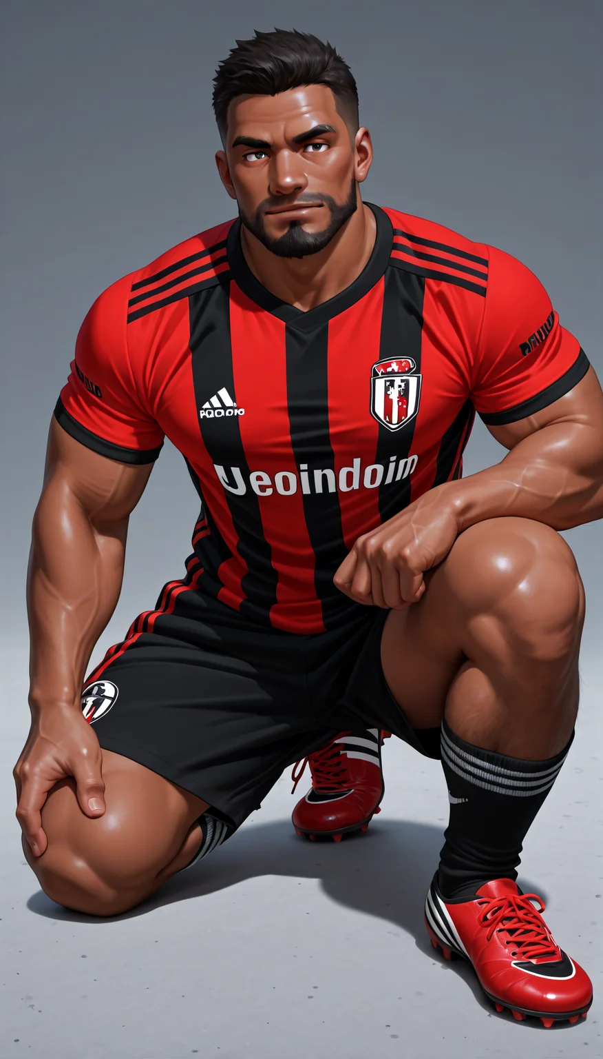 male focus,muscular,facial hair,mature male,bara,soccer uniform,masterpiece,on one knee,dark skin,<lora:soccer-10_2:0.9>,
