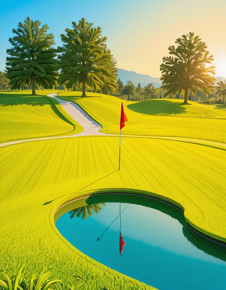 A breathtaking golf course at sunrise, with perfectly manicured green fairways stretching across rolling hills. The soft morning mist hovers above the grass, illuminated by the golden rays of the rising sun. In the foreground, a pristine sand bunker contrasts with the lush greenery, while a flag gently flutters atop a well-maintained putting green. Tall palm trees and dense oak groves surround the course, adding a natural, serene ambiance. A small lake reflects the skyâs pastel colors, with a wooden bridge arching over the water. In the background, a luxurious clubhouse with large glass windows overlooks the course, exuding elegance and sophistication. The atmosphere is peaceful and inviting, with the promise of a perfect day for golf.
<lora:SDXLFaeTastic2400:0.4> <lora:extremely_detailed:0.4> extremely detailed, <lora:golf_c0urs3-ill:1>,golf c0urs3, Masterpiece,best quality,hi res,8k,hi res,8k,award winning,(sharp focus, intricate, highly detailed),