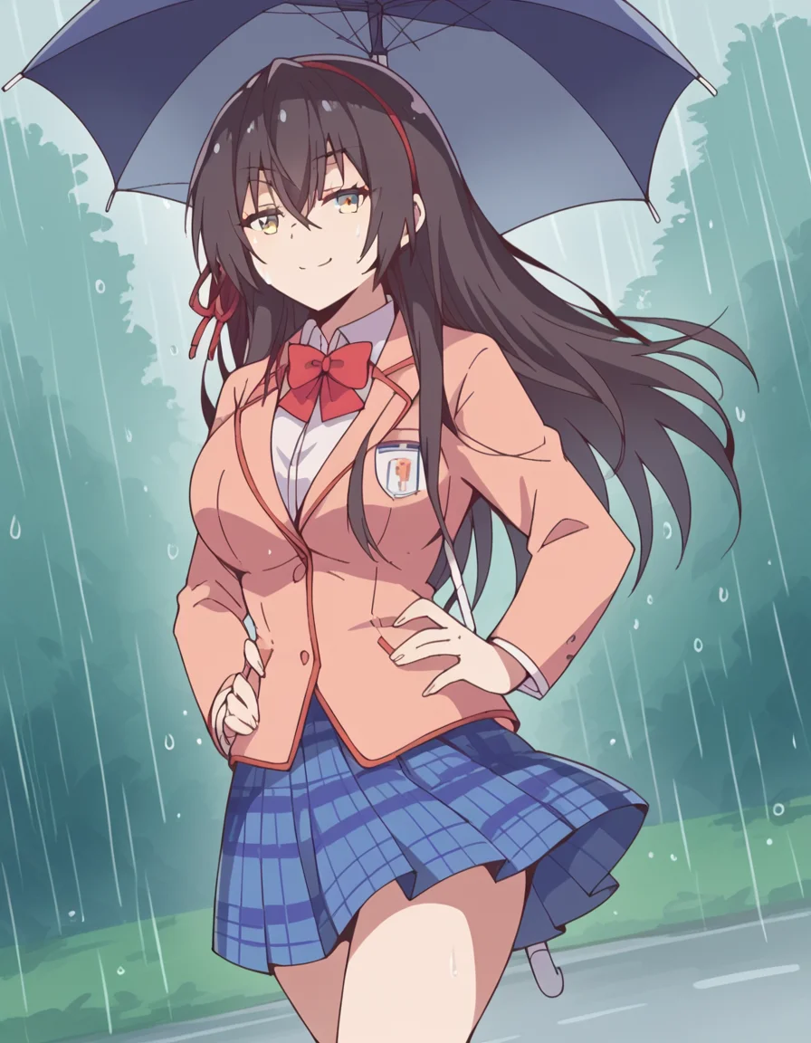 score_9, score_8_up, score_7_up, source_anime, <lora:sayuki-tokihara-s1-ponyxl-lora-nochekaiser:1>, sayuki tokihara, long hair, black hair, ribbon, hair ribbon, yellow eyes, hairband, large breasts,, skirt, bow, school uniform, jacket, plaid, plaid skirt, blazer,, rainy day, umbrella, walking home, puddles, wet hair, smile, looking at viewer, smug, hands on hips,, solo,, cowboy shot, dutch angle