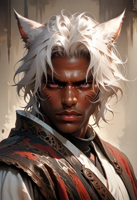 DskMiqo, 1boy, animal ears, cat ears, closed mouth, dark skin, dark-skinned male, facial mark, lips, looking at viewer, male focus, miqo'te, portrait, realistic, red eyes, signature, solo, white hair, BREAK ,score_9, score_8_up, score_7_up, score_6_up, score_5_up, score_4_up,