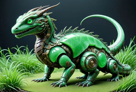 score_9, score_8_up, score_7_up, score_6_up,evi@decrepPunk, 1beast, jade lizzard, jade scales, android parts, made out of jade, ornately decorated in the green grass, no humans, dynamic lighting, dramatic and magical,