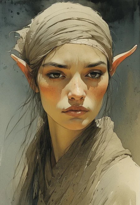 ( Masterpiece, Best Quality, Highres:1.4), (dramatic, cinematic:1.2) color wash, ink wash, illustration, storytelling, ligne claire portrait of Dalelands githyanki rogue with long elf ears, by Chien Chung Wei, Jaroslava Korol, carson ellis, nixri, Travis Charest, Emile Friant, Adam Hughes with bill sienkiewicz and marilyn minter influence, 70s folk cinema palette :: very small nose, (detailed anatomy and defined musculature:1.0) prominent cheekbones, looking at viewer, (tired depressed frustrated expression:1.2), focus on the face, strong stance, impressive view, deep salt-desert backdrop (sand, clay and ultraviolet hues:1.0) high-contrast lighting (rough details, (male focus:1.5):1.2), (desaturated, cold lighting:1.4) (hyperdetailed, absurdres:1.15)