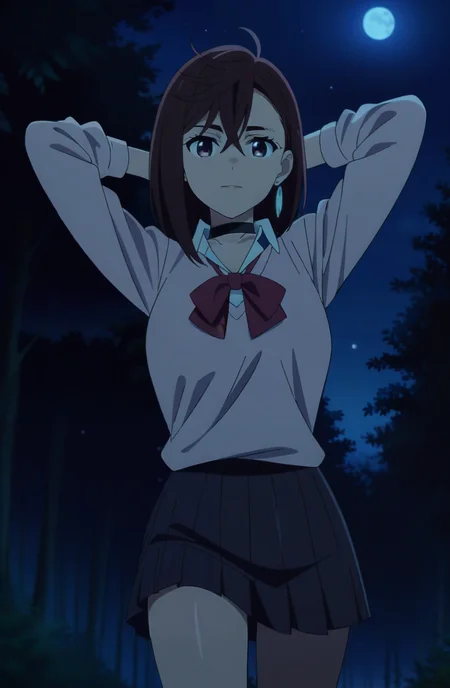 (masterpiece), (best quality), newest, (intricate details, very aesthetic), good hands, 1girl,  <lora:momo_ayase-animagine:1> ayase_wz, medium hair, brown hair, brown eyes, large breasts, chocker, red bowtie, , pink cardigan, long cardigan,  long sleeves, blue skirt, pleated skirt, miniskirt,  school uniform, earrings, collared shirt, white shirt, alternate costume, loose socks, white socks, walking, forest, night, arms behind head, looking at viewer, light smile, outdoors, moon, star \(sky\), anime anime coloring,