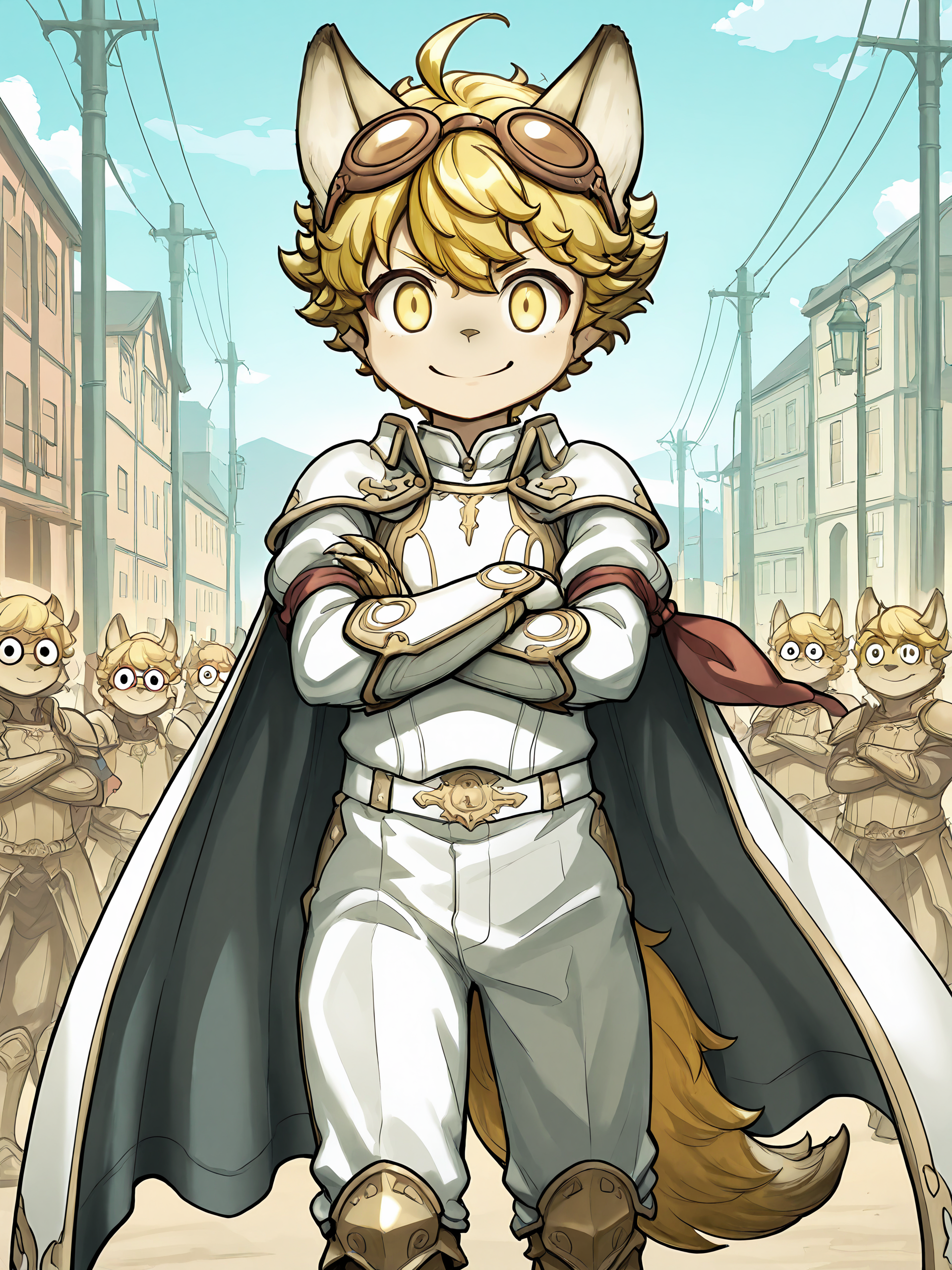 masterpiece, best quality, (absurdres), (highest quality), amazing quality, very aesthetic, no humans,
BREAK, <lora:Malt_Marzipan:1>, malt marzipan, fuga: melodies of steel, young male, 1boy, animal ears, yellow eyes, blonde hair,
BREAK, armored boots, armor, cape, googles, googles on head, claws,
BREAK, outside, sunny, looking at viewer, arms crossed, smile