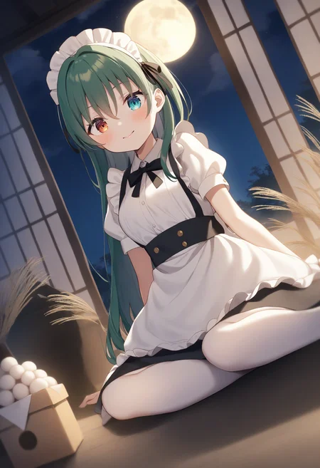 1girl,sincos, ningen mame, toosaka asagi,solo,medium breasts,20yo,maid,maid headdress,
tsukimi, full moon, tsukimi dango, sanbou, night, night sky, susuki grass, outdoors,<lora:tsukimi_XL_v1:0.8>
full body, wide shot,
dutch angle, looking down, green hair, heterochromia,kubrick stare, closed mouth, bow-shaped hair,,
best quality, very aesthetic, absurdres