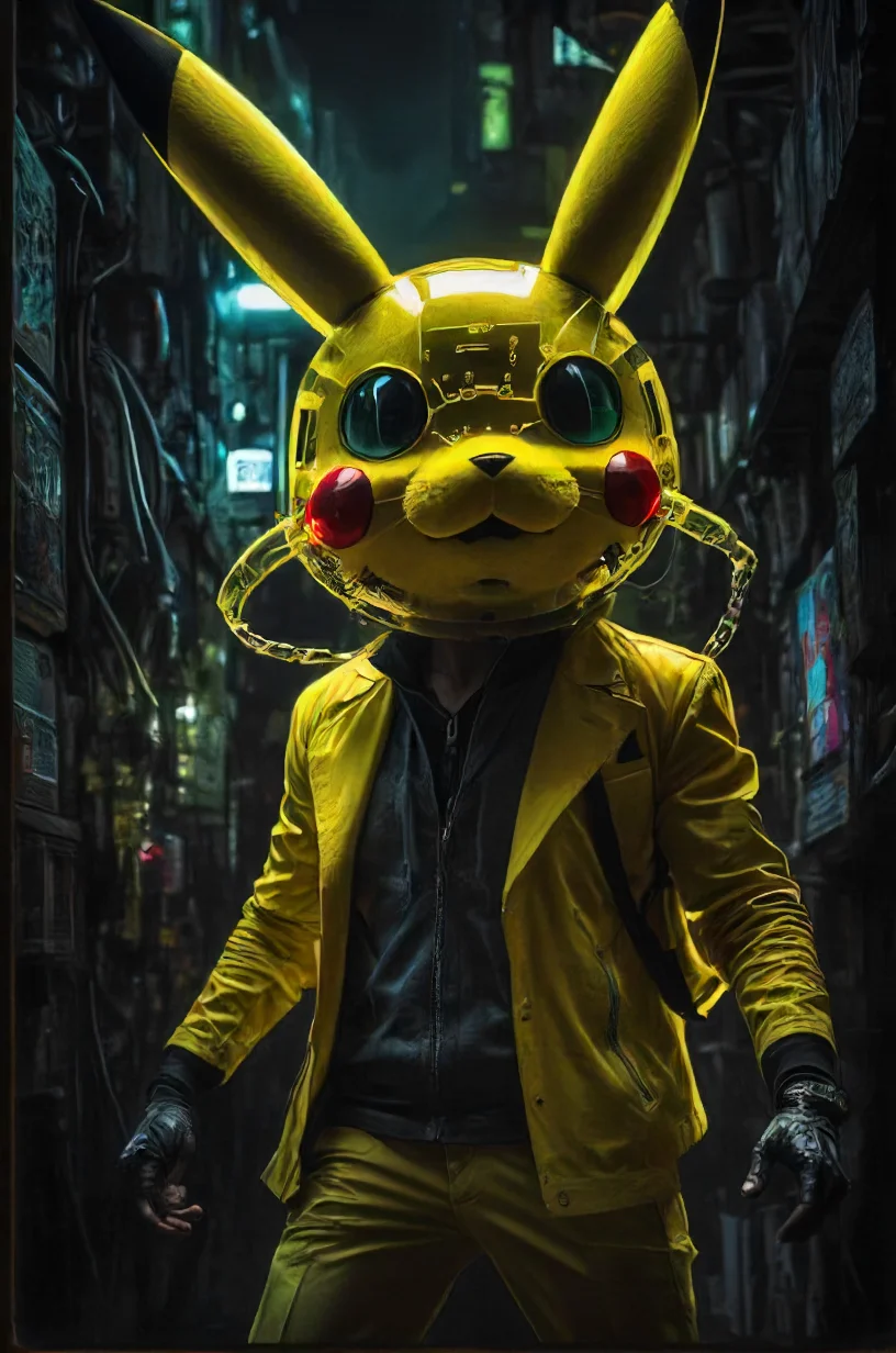detailed, lush, low-key, soft shadows, scenic, full body, funky person wearing a semi-transparent mechanical pikachu half-mask, glowing contacts, translucent, sophisticated, villainous, high budget, functional, moving parts, concept, experimental, (detailed background:1.4), dynamic composition, motion, imperfection, backlit, grain