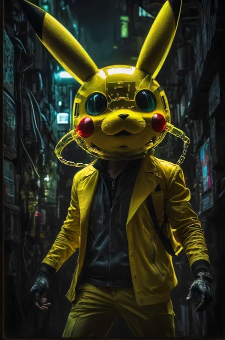 detailed, lush, low-key, soft shadows, scenic, full body, funky person wearing a semi-transparent mechanical pikachu half-mask, glowing contacts, translucent, sophisticated, villainous, high budget, functional, moving parts, concept, experimental, (detailed background:1.4), dynamic composition, motion, imperfection, backlit, grain