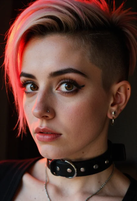 A close-up shot shows a woman with fair skin looking directly at the viewer. Her hair is short with shaved sides and longer hair on top that is dyed pink and blonde. She has dark eyebrows and dark eyes. Her nose is pierced with a silver septum ring, and her lower lip is pierced with two silver studs. Her right ear has multiple piercings, including a black tunnel plug in the lobe and several silver studs and hoops along the helix and antihelix. She is wearing a thick black leather collar with a silver buckle. A thin silver chain necklace is visible beneath the collar. The lighting in the image is dramatic, with a red glow illuminating the left side of her face and collar, while the right side is darker. The background is out of focus and dark, with subtle hints of red and brown.