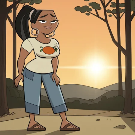 score_9, score_8, BREAK, solo, black hair, black eyes, lips, food print shirt, white shirt, short sleeves, blue pants, flip flops, hoop earrings, dark skin, ponytail, mole under eye, big breasts, Total Drama, Leshawna_(Total_Drama), sexy pose, smile, outdoors, sunlight, shadows, evening lighting, natural lighting, forest, trees, grass, orange sky, sunset
