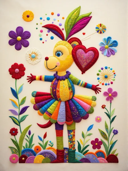 balloon animal wearing a tutu <lora:midjourney_whisper_chromaplex_v1:0.9> <lora:Embroidered_Quilting_Flux:0.9>