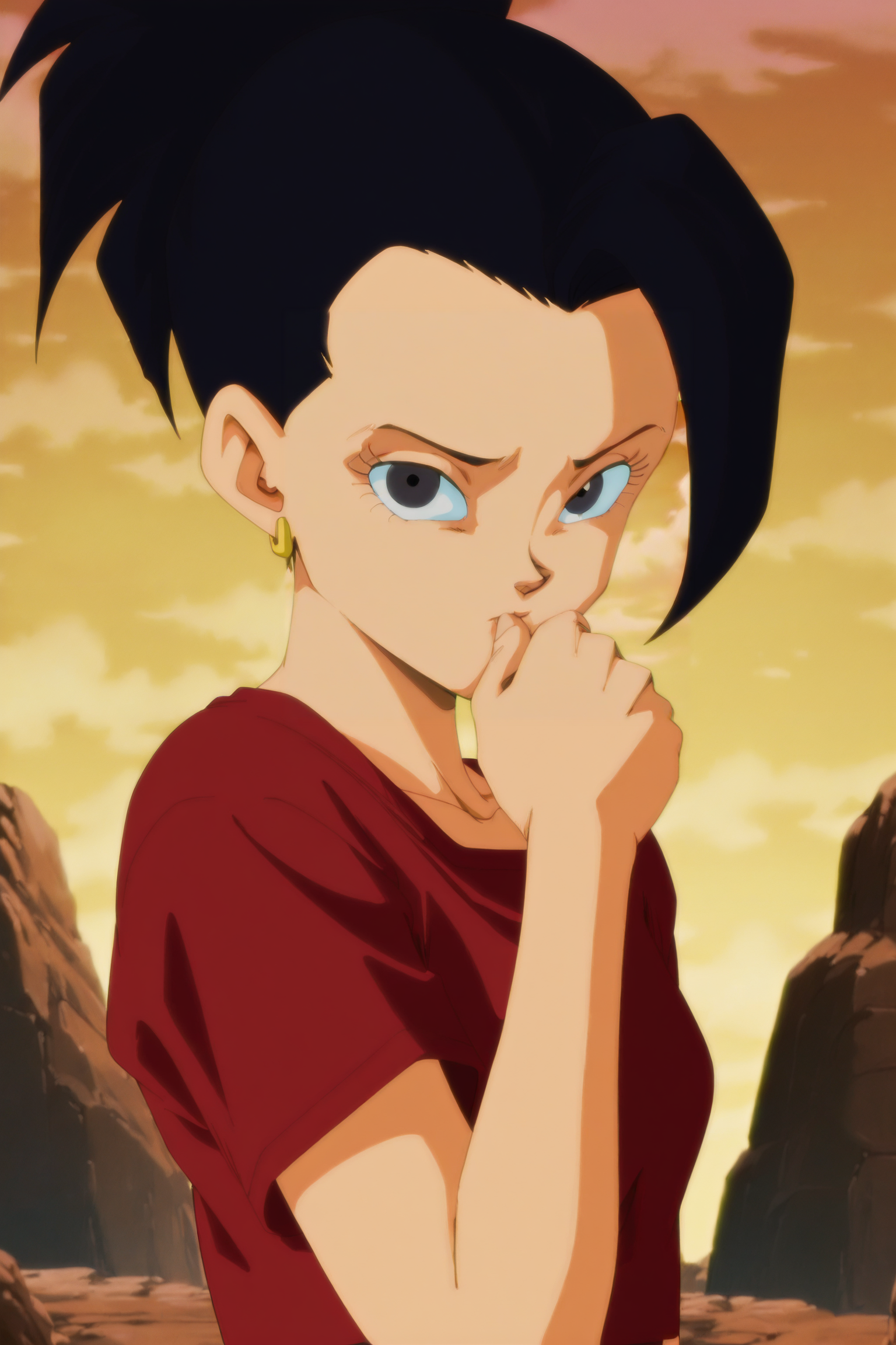 anime screencap, absurdres, high quality,
kale, 1990s \(style\), anime coloring, retro artstyle, 1girl, solo, looking at viewer, red crop top, black hair, upper body, short sleeves, hoop earrings, outdoors, black eyes, hand to own mouth, arm by side, sunset, rock, v-shaped eyebrows, eyelashes, 
 <lora:kaleDBS_v1:0.8>