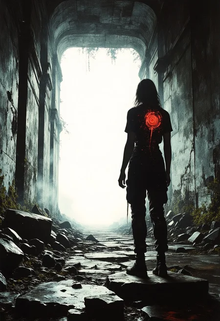 Low-angle cinematic framing of a dark, abandoned stone tunnel, textured with cracks, erosion, and scattered rubble across the floor. At the tunnel’s distant end, a glowing rectangular portal of pure white light breaks through the surrounding dimness, casting soft illumination onto the debris and revealing faint outlines of vines and overgrowth creeping along the tunnel's ceiling. A lone humanoid figure cautiously emerges from the right, slightly leaning into the scene, their silhouette partially obscured by shadow. They wear rugged, tattered attire, Huge vortex like hole in the back of the character red and glowing it attracts attention, with faint mechanical elements glinting in the ambient light, hinting at a cybernetic or post-apocalyptic theme. Steam and faint mist rise from the portal, adding tension and an otherworldly atmosphere. The perspective emphasizes the depth of the tunnel, with the portal acting as a focal point for mystery and storytelling tension.