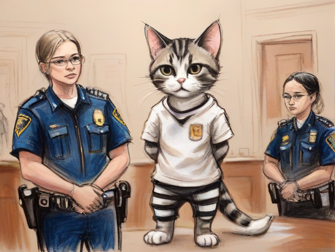 <lora:PE_CourtRoomSketchV2:0.8> PECourtRoomSketch, courtroom,
a cute cat in prisonor clothes, arrested by police, handcuffed , escorted out of the room