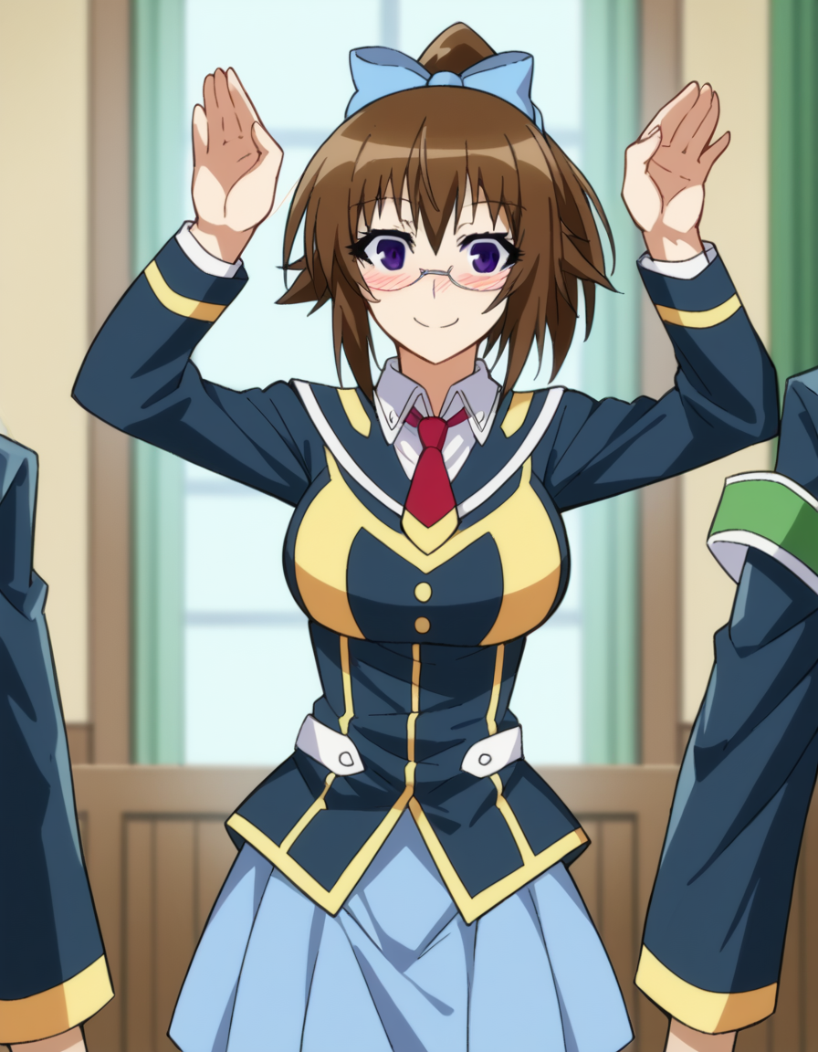score_9, score_8_up, score_7_up, source_anime, <lora:mogana-kikaijima-s2-ponyxl-lora-nochekaiser:1>, mogana kikaijima, brown hair, purple eyes, ponytail, glasses, hair bow, blue hair bow, large breasts,, skirt, school uniform, necktie,, house, home, family, rooms, yard, , <lora:rabbit-pose-ponyxl-lora-nochekaiser:1>, rabbit pose, smile, blush,, looking at viewer, solo,, dutch angle, cowboy shot