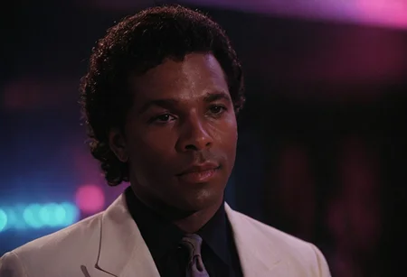 cinematic film still (Rico Tubbs), MiamiVice, indoors, club, neon lights, closeup . shallow depth of field, vignette, highly detailed, high budget, bokeh, cinemascope, moody, epic, gorgeous, film grain, grainy
