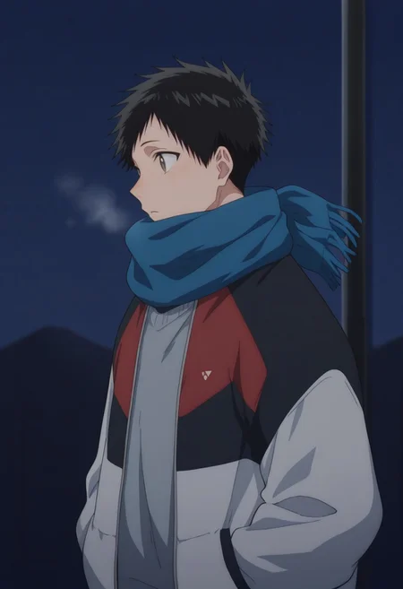 masterpiece,best quality,amazing quality,
taikinomata,
1boy, male focus, solo, brown eyes, black hair, short hair, scarf, blue scarf, jacket, multicolored jacket,