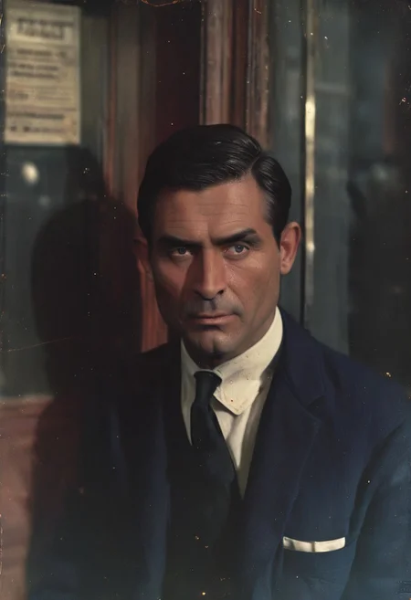 50 years old, elegant, wealthy man, servant, dark longer hair, clean-shaven, honey eyes, pondering facial expression, in his hands an elegant black cane with a knob looking like a lions head, beautifully carved out of ivory, wearing a white shirt and an elegant dark blue suit, a bowler hat on his head with a small blue feather, a watch on a chain, thin glasses on his nose old-fashioned shiny frame, standing in front of the entrance to the bank, full body, portrait, 35 mm f 1.8 lens, gentle morning light,,<lora:Vintage_Street_Photo:0.8> 
BREAK