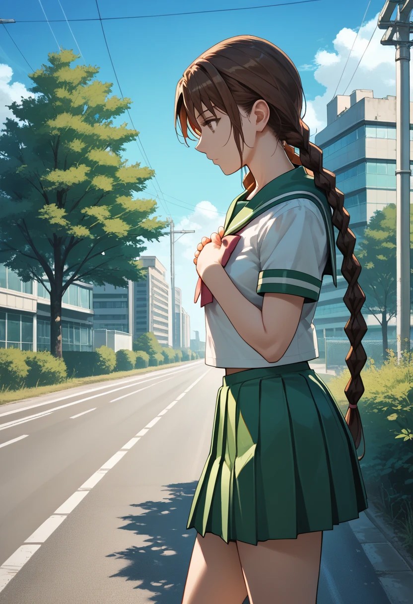 score_9,score_8_up,score_7_up,source_anime, Sakuno Ryuzaki,1girl,solo,long hair,skirt,brown hair,very long hair,twintails,brown eyes,school uniform,braid,short sleeves,outdoors,pleated skirt,day,serafuku,sailor collar,blurry,from side,twin braids,tree,profile,green skirt,building,road,hands on own chest,