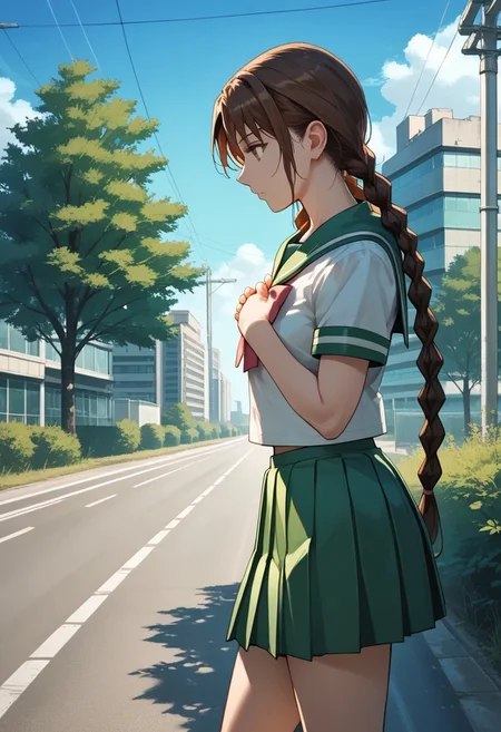 score_9,score_8_up,score_7_up,source_anime, Sakuno Ryuzaki,1girl,solo,long hair,skirt,brown hair,very long hair,twintails,brown eyes,school uniform,braid,short sleeves,outdoors,pleated skirt,day,serafuku,sailor collar,blurry,from side,twin braids,tree,profile,green skirt,building,road,hands on own chest,
