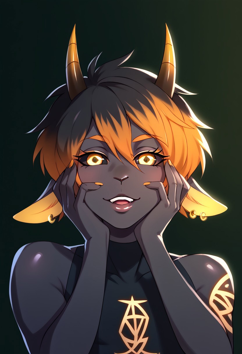 drawpanther style,  score_9, score_8_up, score_7_up, greshockpxl,1boy,solo,femboy, anthro goat,furry, short hair, multicolor hair, dark hair, orange hair, dark sclera, gold eyes, black skin, tattoo, big ass, small horns, BREAK,<lora:yandere_trance_v1_pruned:1>, yandere trance, close-up