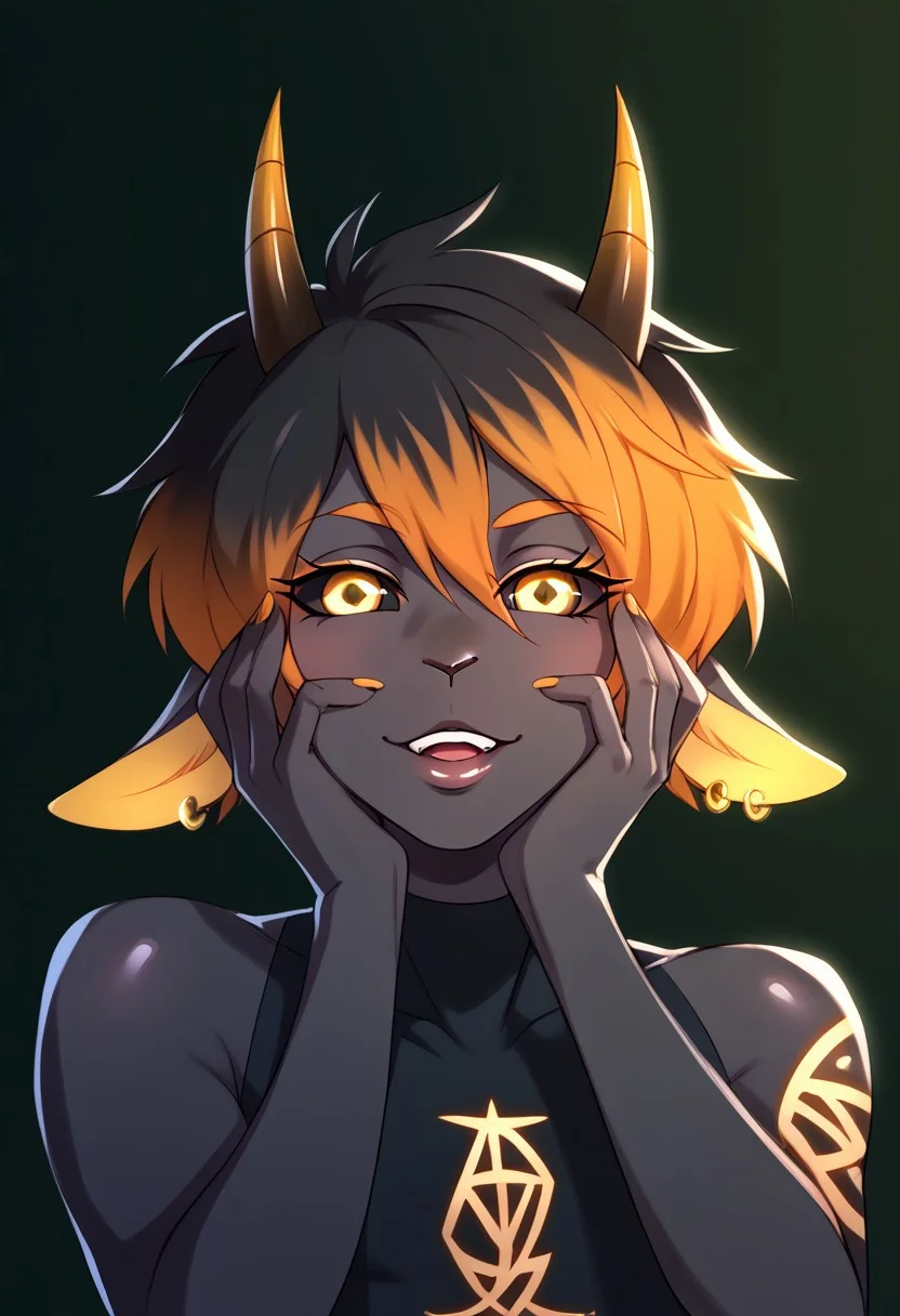 drawpanther style, score_9, score_8_up, score_7_up, greshockpxl,1boy,solo,femboy, anthro goat,furry, short hair, multicolor hair, dark hair, orange hair, dark sclera, gold eyes, black skin, tattoo, big ass, small horns, BREAK,<lora:yandere_trance_v1_pruned:1>, yandere trance, close-up