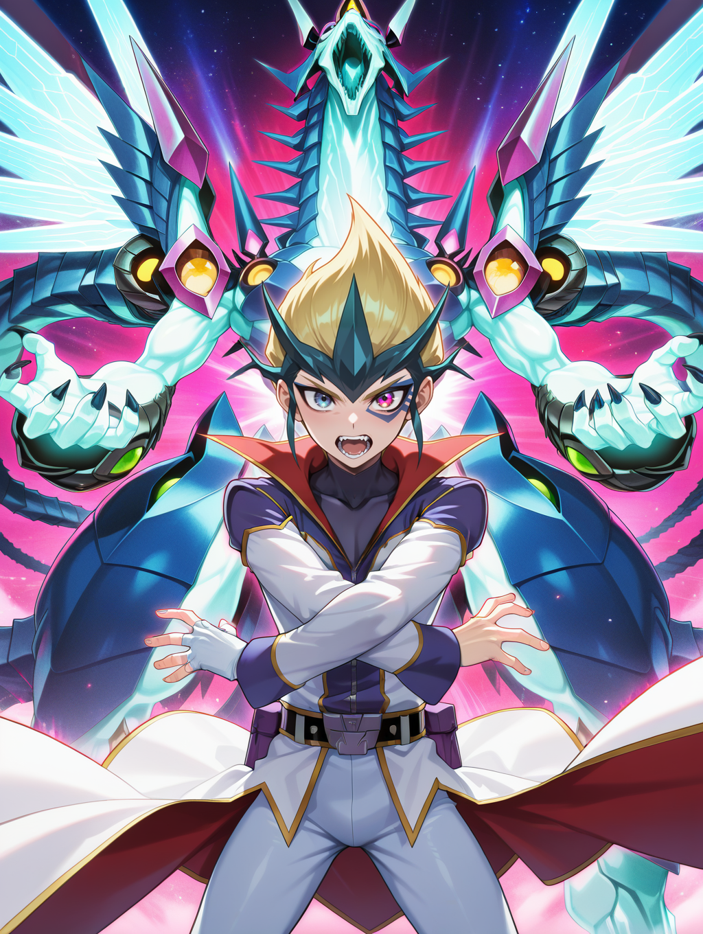 kite tenjo, galaxy-eyes prime photon dragon, 1boy, open mouth, male focus, heterochromia, facial mark, teeth, looking at viewer, 1other, sharp teeth, single white fingerless glove, white coat, white pants, belt pouch, blue mecha dragon
masterpiece,best quality,amazing quality,very aesthetic,absurdres,newest,<lora:Galaxy-Eyes Prime Photon Dragon illuXL v2.3:0.75>,