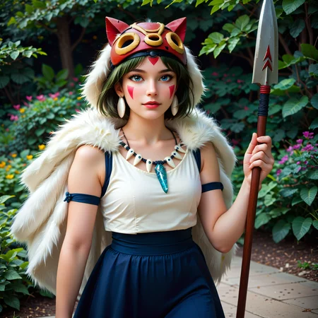 , score_9, score_8_up, score_7_up, high quality, best quality, highly detailed, PONY\zPDXL3, zy_Realism_Enhancer_v1, green eyes, blue eyes, brown eyes, perfecteyes, san, 1girl, solo, short hair, brown hair, gray eyes, headband, face paint, earrings, white sleeveless top, navy under dress, arm cuffs, fur headdress, fur cape, shoes, tooth necklace, mask on head, light-skinned female, dark green hair, mask on head, mask on face, mask on back, tooth necklace, crystal necklace, holding dagger, holding spear, anime, ghibli, cosplay, photo, fan art, pvc, midjourneyv6.1, <lora:XL\Art Style\aidmaMidjourneyV6.1-v0.1:0.5>, <lora:XL\Character\san_princess_mononoke:0.5>, <lora:XL\Effects\Perfect Eyes:0.5>
