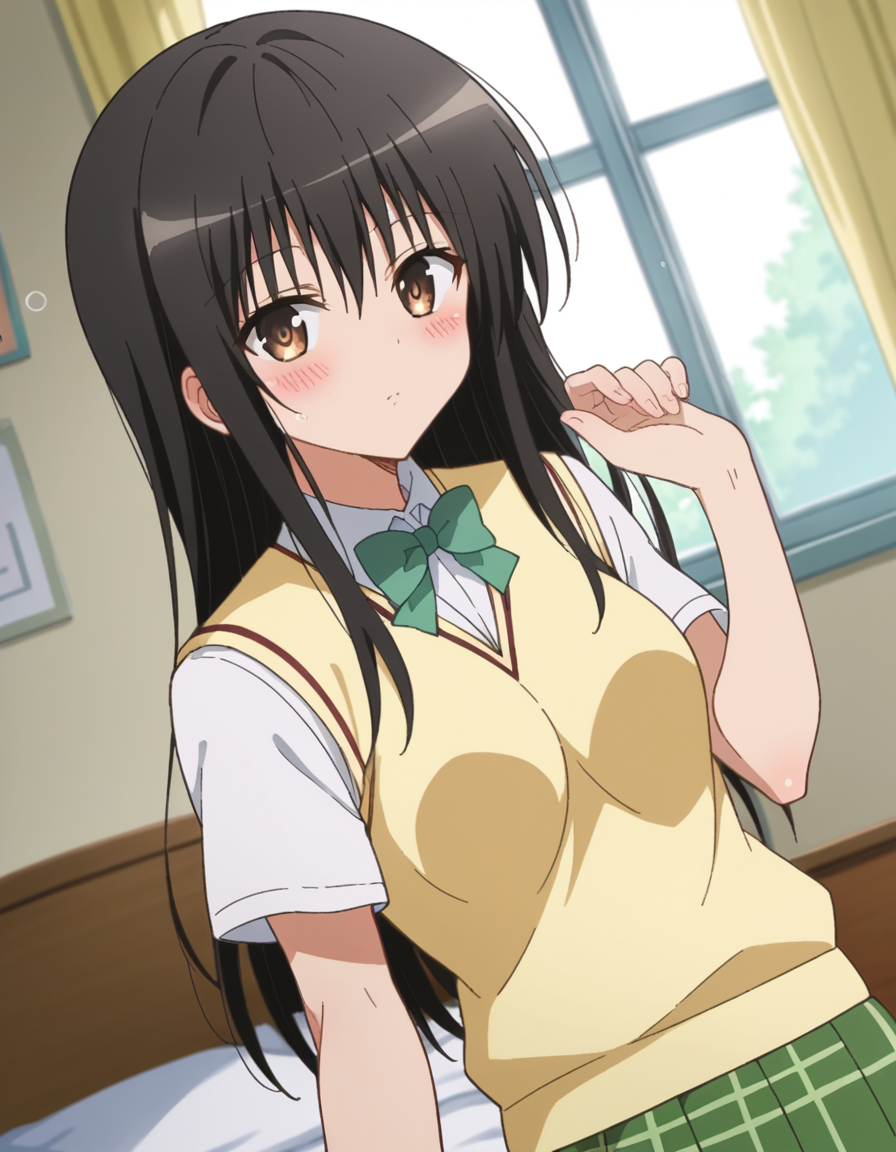 score_9, score_8_up, score_7_up, source_anime,
yuikotegawa, <lora:yui-kotegawa-darkness-ponyxl-lora-nochekaiser:1>,
yui kotegawa, black hair, brown eyes, long hair,
green skirt, plaid, plaid skirt, sainan high school uniform, school uniform, skirt, sweater vest, yellow sweater, short sleeves,
indoors, bed, bed room, on side, blush, drunk,
looking at viewer, dutch angle, cowboy shot,