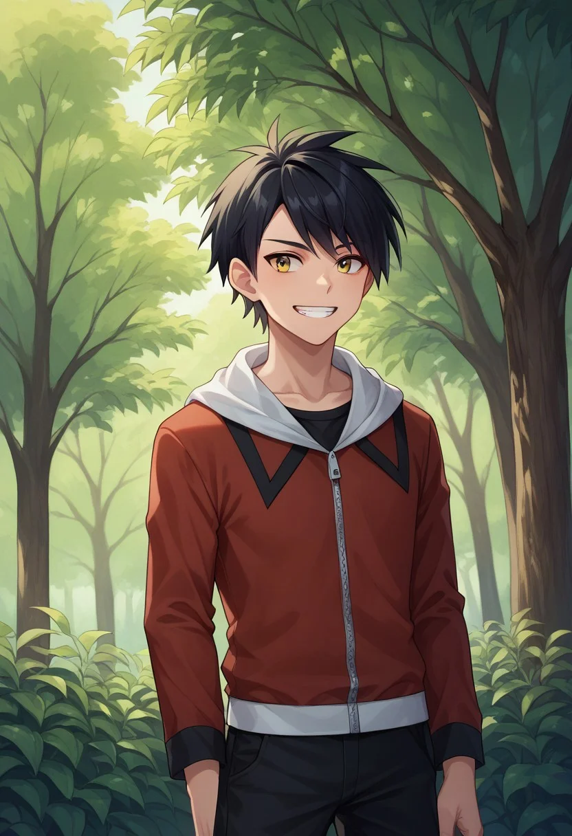 score_9, score_8_up, score_7_up, source_anime, highly detailed,
pokegold, 1boy, male focus, solo, jacket, pants, black hair, closed mouth, long sleeves, red jacket, hood, white hood, short hair, zipper pull tab, bangs, standing, yellow eyes, t-shirt, black pants, black t-shirt, smile, grin,
outdoor, tree, sky,