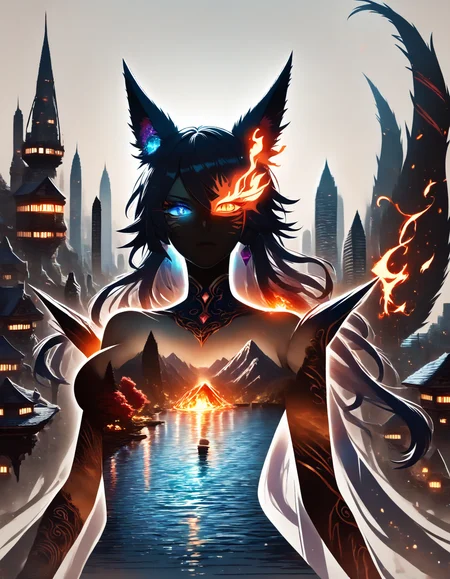 score_9, score_8_up, score_7_up, (black outline) (Silhouette:1.1) of (ahri:.9) from \(league_of_legends\) casting a (double exposure:1.1) of Vastaya (cityscape), (landscape), beautiful face, wrnchexpwhimsicalvisions, black outline, silhouette, rainbow flaming eye, rainbow eye trail, holding (foxmask:1.25), (fox tails, multiple tails:1.05), (inkshadow:1.06), domineering expression, (Side-eyeing:1.1) viewer, mysterious, mythical, high contrast, chaos, transparent body, kitsune, interesting background, (zix:.65), omnipotent goddess, k/da, fluffy tails, minimalist