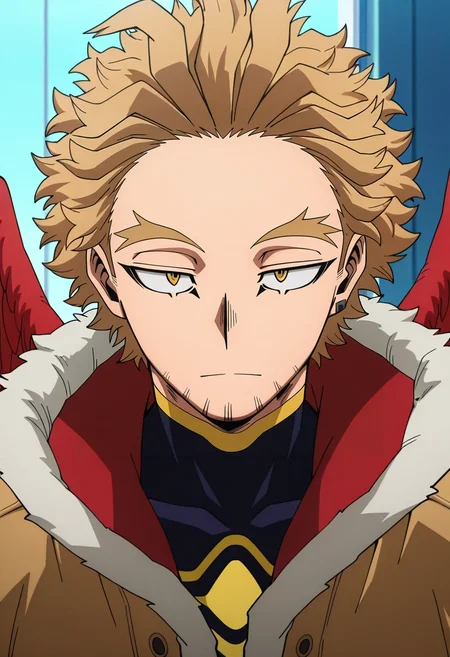 masterpiece, best quality, , anime screencap, , official style, , 1boy, solo, male focus, <lora:keigo_takami_ilxl:0.9>, keigo_takami, hawks \(boku no hero academia\), blonde hair, yellow eyes, short hair, facial hair, stubble, wings, feathered wings, red wings, ,