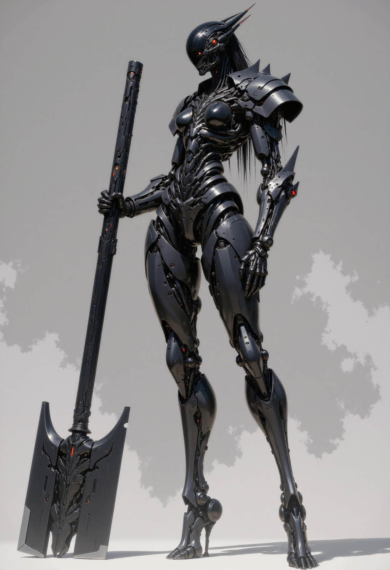 highest details, ultra hyper realism. highly detailed and realistic. intricate and highly professional artwork, an absolute masterpiece.
This is a high-quality illustration featuring a futuristic, sleek female biomechanic robot with a futuristic, bioluminiscent armor. The robot has an elegant, thin, athletic  build, with exaggerated, segmented armor plating covering its entire body, including its head, which is helmet-like and featureless. It stands confidently with one arm gripping a massive, dark hammer. The background is a plain, muted grey, and the lighting is dramatic, casting sharp shadows. The robotâs design is reminiscent of sci-fi and mecha genres, with a high level of detail in the armor's texture and mechanical joints. The image is a full-body shot, showcasing the robot's elegant, supple yet lethal  stature and intricate design. The aesthetic quality is very high, with a sharp focus on the robot, emphasizing the subject.
<lora:artics_epoch_15:1>  in the style of artics