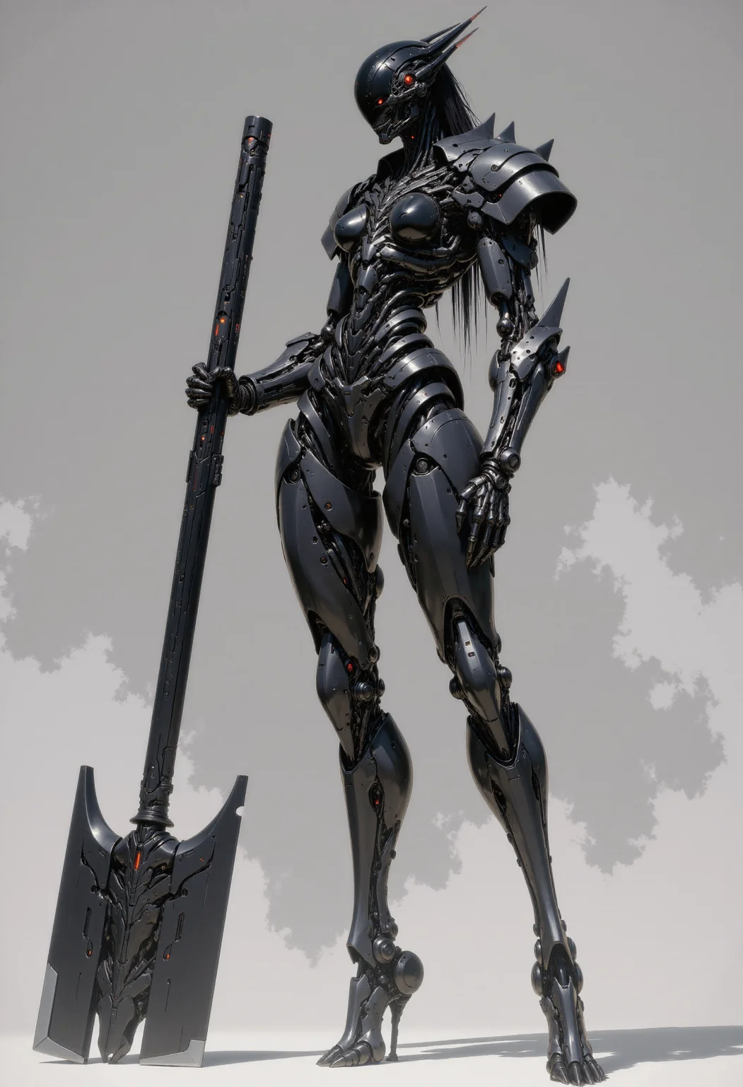 highest details, ultra hyper realism. highly detailed and realistic. intricate and highly professional artwork, an absolute masterpiece.
This is a high-quality illustration featuring a futuristic, sleek female biomechanic robot with a futuristic, bioluminiscent armor. The robot has an elegant, thin, athletic build, with exaggerated, segmented armor plating covering its entire body, including its head, which is helmet-like and featureless. It stands confidently with one arm gripping a massive, dark hammer. The background is a plain, muted grey, and the lighting is dramatic, casting sharp shadows. The robotâs design is reminiscent of sci-fi and mecha genres, with a high level of detail in the armor's texture and mechanical joints. The image is a full-body shot, showcasing the robot's elegant, supple yet lethal stature and intricate design. The aesthetic quality is very high, with a sharp focus on the robot, emphasizing the subject.
<lora:artics_epoch_15:1> in the style of artics