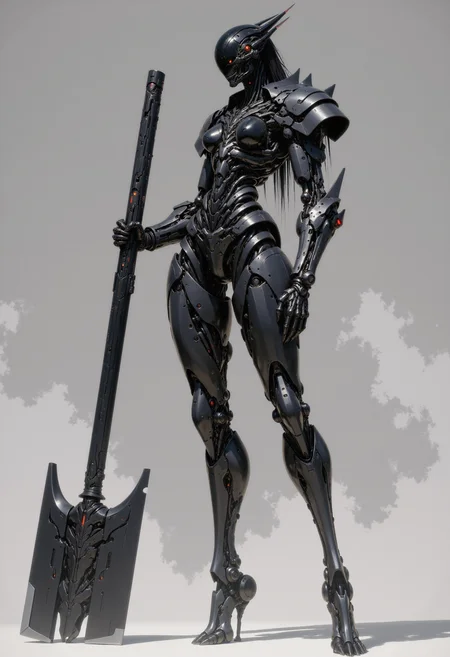highest details, ultra hyper realism. highly detailed and realistic. intricate and highly professional artwork, an absolute masterpiece.
This is a high-quality illustration featuring a futuristic, sleek female biomechanic robot with a futuristic, bioluminiscent armor. The robot has an elegant, thin, athletic build, with exaggerated, segmented armor plating covering its entire body, including its head, which is helmet-like and featureless. It stands confidently with one arm gripping a massive, dark hammer. The background is a plain, muted grey, and the lighting is dramatic, casting sharp shadows. The robotâs design is reminiscent of sci-fi and mecha genres, with a high level of detail in the armor's texture and mechanical joints. The image is a full-body shot, showcasing the robot's elegant, supple yet lethal stature and intricate design. The aesthetic quality is very high, with a sharp focus on the robot, emphasizing the subject.
<lora:artics_epoch_15:1> in the style of artics