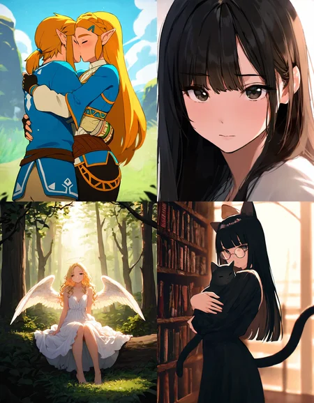 https://civitai.com/articles/8642 __ 1st image: masterpiece, best quality, 1girl, 1boy, princess zelda, the legend of zelda: breath of the wild, standing, kiss, hug, closed eyes, outdoors __ 2nd image: masterpiece, best quality, 1girl, face, portrait, looking at viewer, closed mouth __ 3rd image: masterpiece, best quality, 1girl, solo, blonde hair, wavy hair, angel, angel wings, halo, smile, sitting, forest, white dress __ 4th Image: masterpiece, best quality, 1girl, solo, long hair, black hair, blunt bangs, straight hair, round eyewear, cat girl, cat ears, cat tail, standing, hug, cat, looking at viewer, library