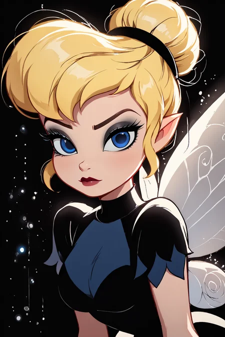 <lora:KuroCAT_Style:1>, high resolution, highly detailed, perfect lighting, beautiful detailed eyes, upper body, black background, 1girl, solo, looking at viewer, TinkerWaifu, magic particles, leaning forward, medium breasts, narrow waist, fairy wings, blonde hair, blue eyes, goth, black dress, eye shadow, sexy, hair bun, disney style, looking at viewer, <lora:tinkerbellPonyXL_character-10:0.8>