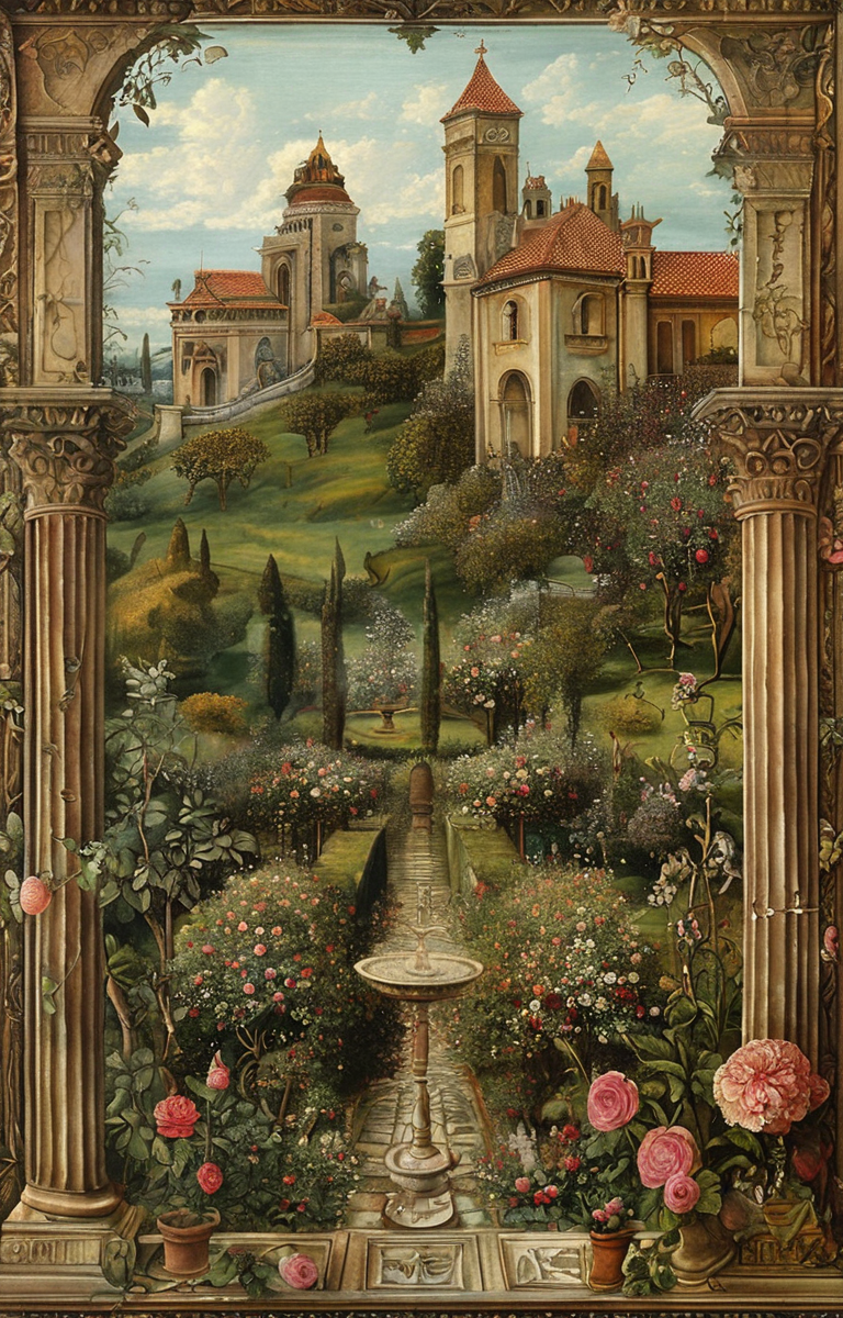 masterpiece,best quality,<lora:tbh167-sdxl:1>,illustration,style of Carlo Crivelli, A bottle of perfume in garden